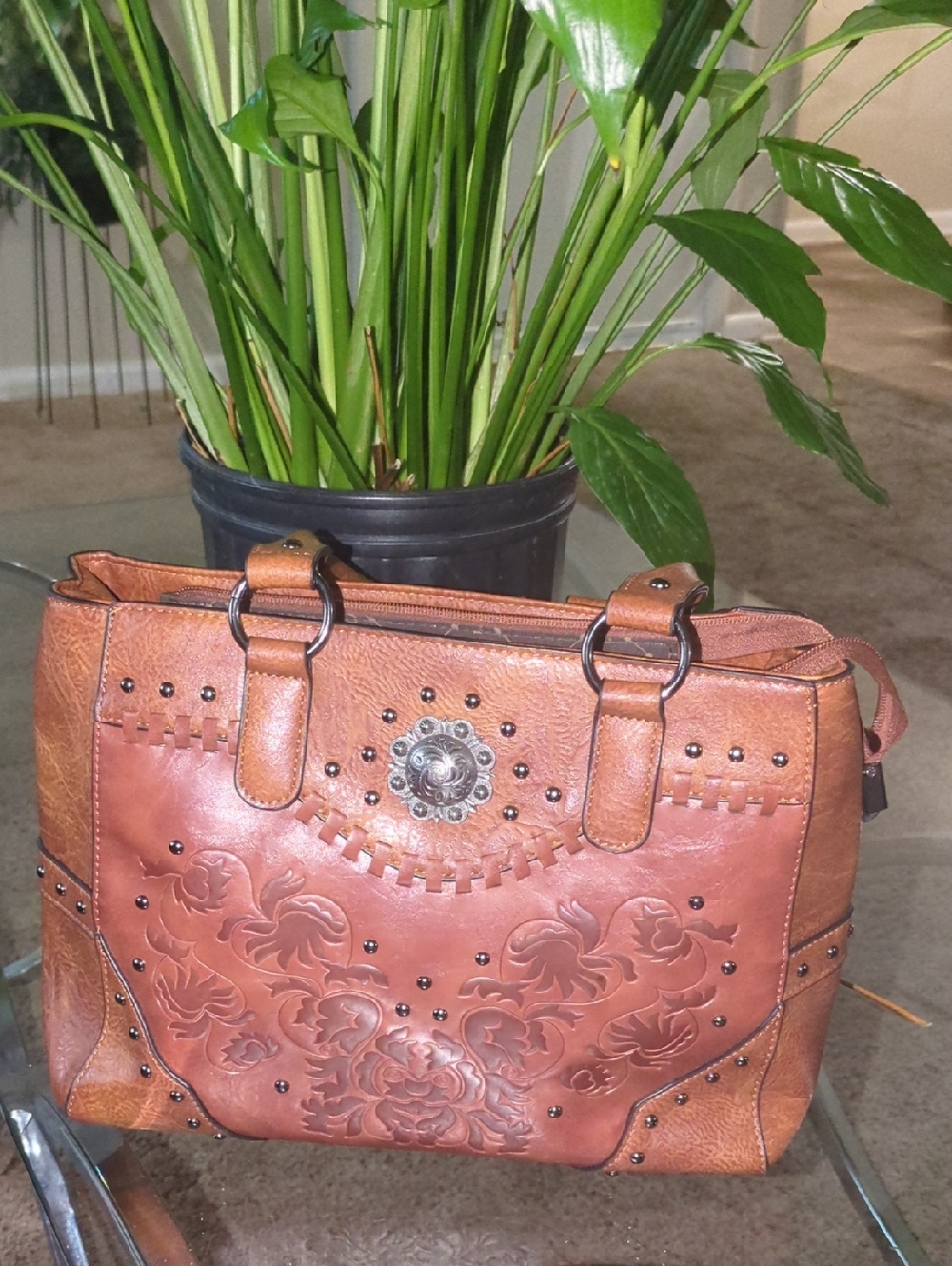 🔥FINAL🔥Lavawa Brown Embossed Floral Tote Bag with Stud Accents - Picture 2 of 8